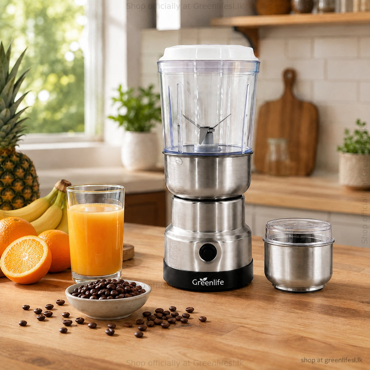 Greenlife 2-in-1 coffee grinder and juice blender 300W with fresh orange juice, fruit and coffee beans