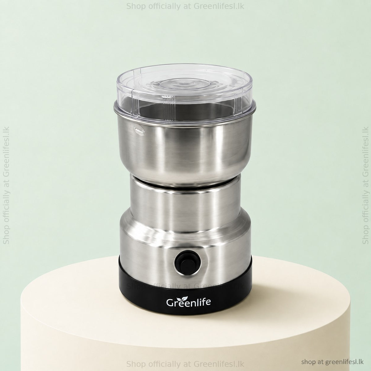 Greenlife 2-in-1 coffee grinder and juice blender 300W with clear lid, on a display plinth