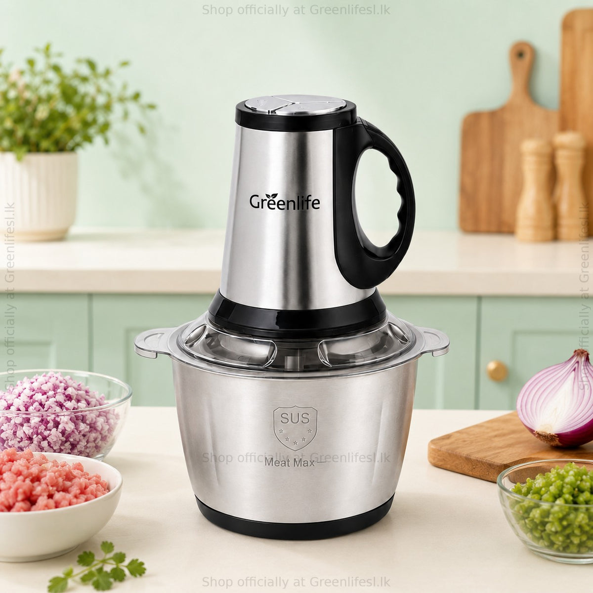 Greenlife 300W 2L electric food chopper on a kitchen counter with chopped onion and minced meat