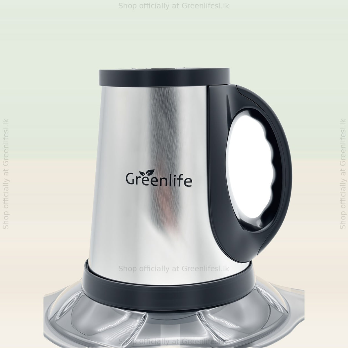 Greenlife 300W 2L electric food chopper brushed steel motor head and black handle close-up