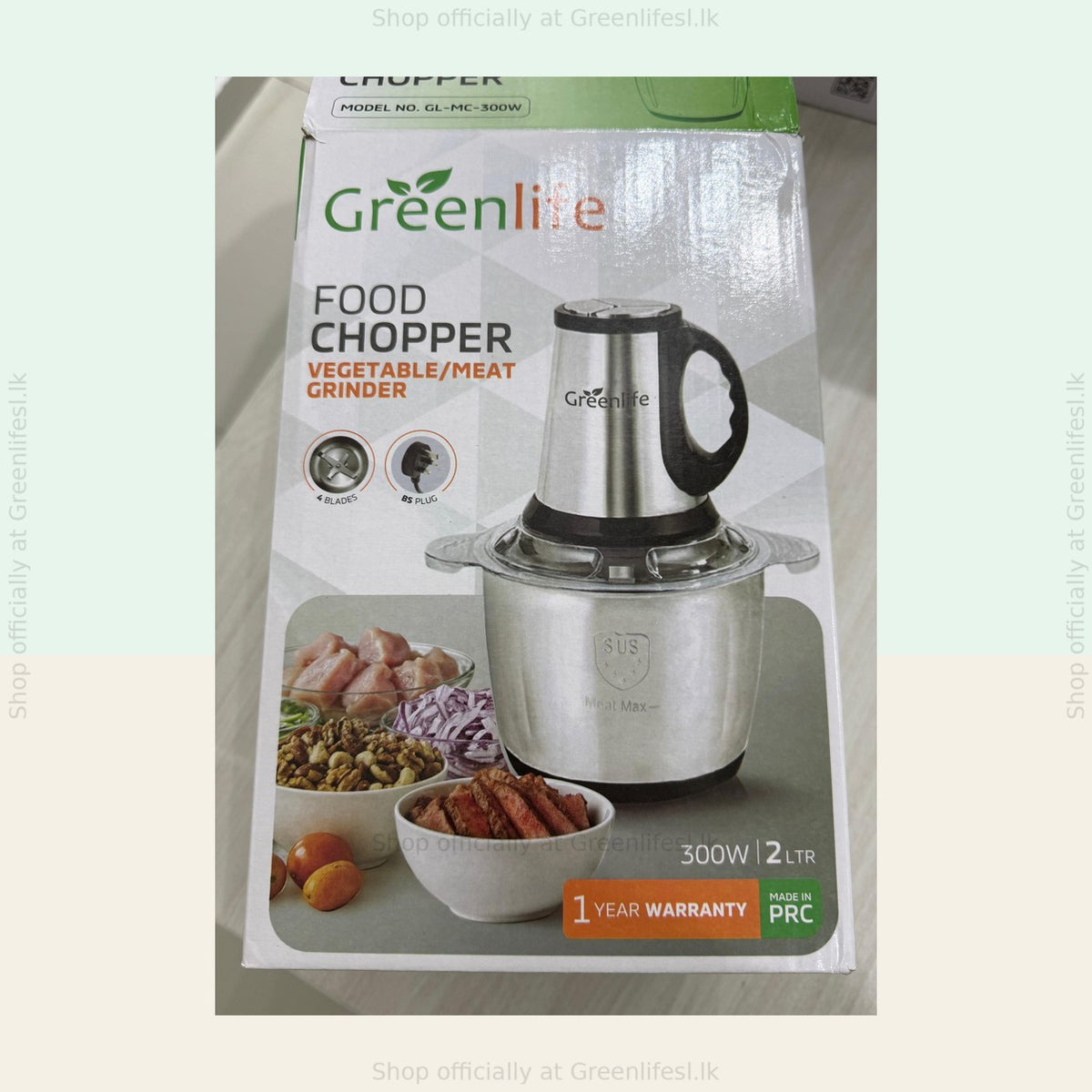 Greenlife 300W 2L electric food chopper retail box, model GL-MC-300W, 4 blades, BS plug, 1 year warranty