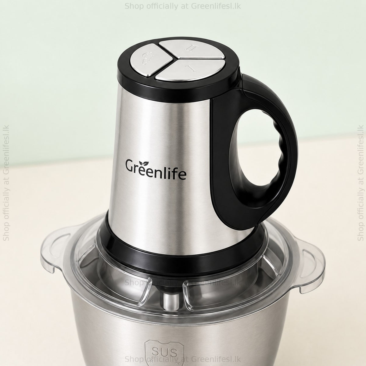Greenlife 300W 2L electric food chopper from above showing the top buttons and black handle