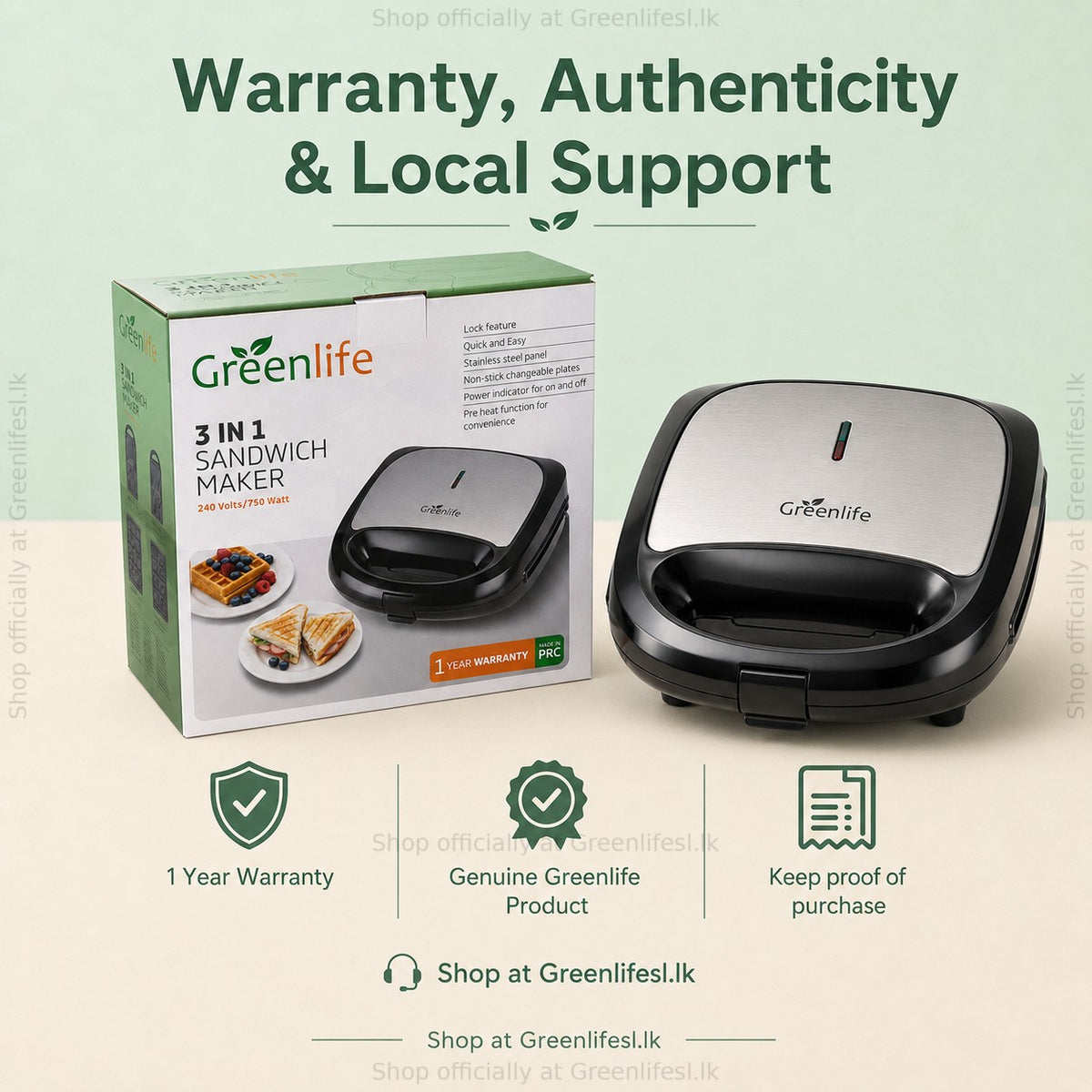 Greenlife 3-in-1 sandwich, waffle and grill maker 750W with retail box, 1 year warranty and genuine Greenlife product