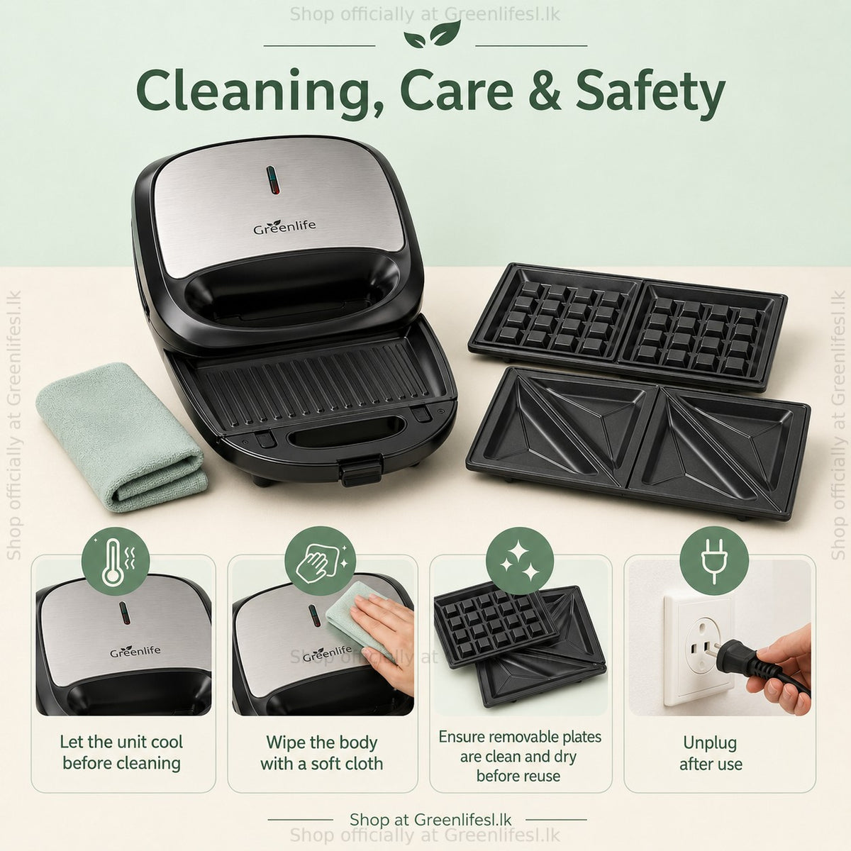 Greenlife 3-in-1 sandwich, waffle and grill maker 750W care: let it cool, wipe with a soft cloth, unplug after use