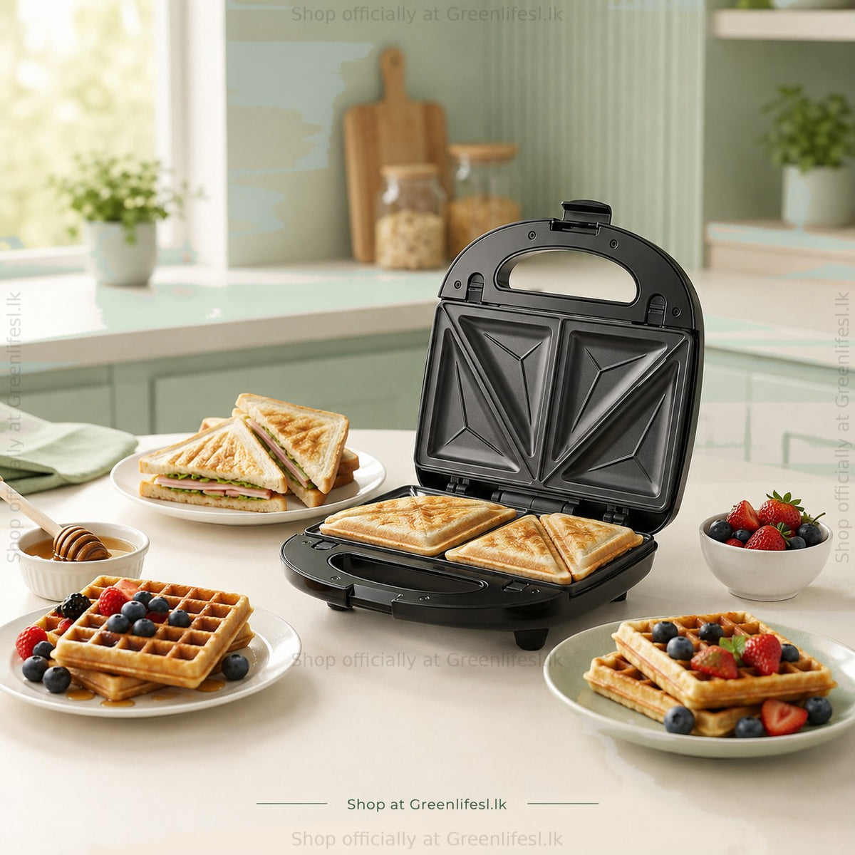 Greenlife 3-in-1 sandwich, waffle and grill maker 750W in a kitchen with toasted sandwiches and waffles