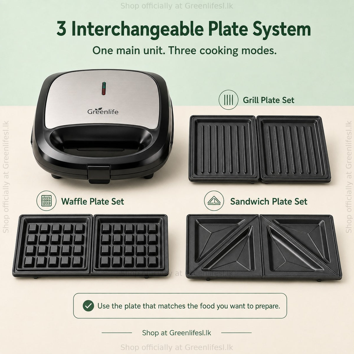 Greenlife 3-in-1 sandwich, waffle and grill maker 750W: 3 interchangeable plate sets for grilling, waffles and sandwiches