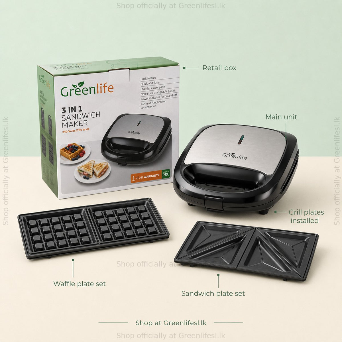 Greenlife 3-in-1 sandwich, waffle and grill maker 750W with its retail box, main unit, waffle and sandwich plate sets