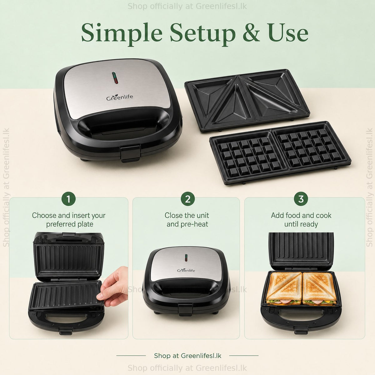 Greenlife 3-in-1 sandwich, waffle and grill maker 750W setup: choose a plate, close and pre-heat, add food and cook