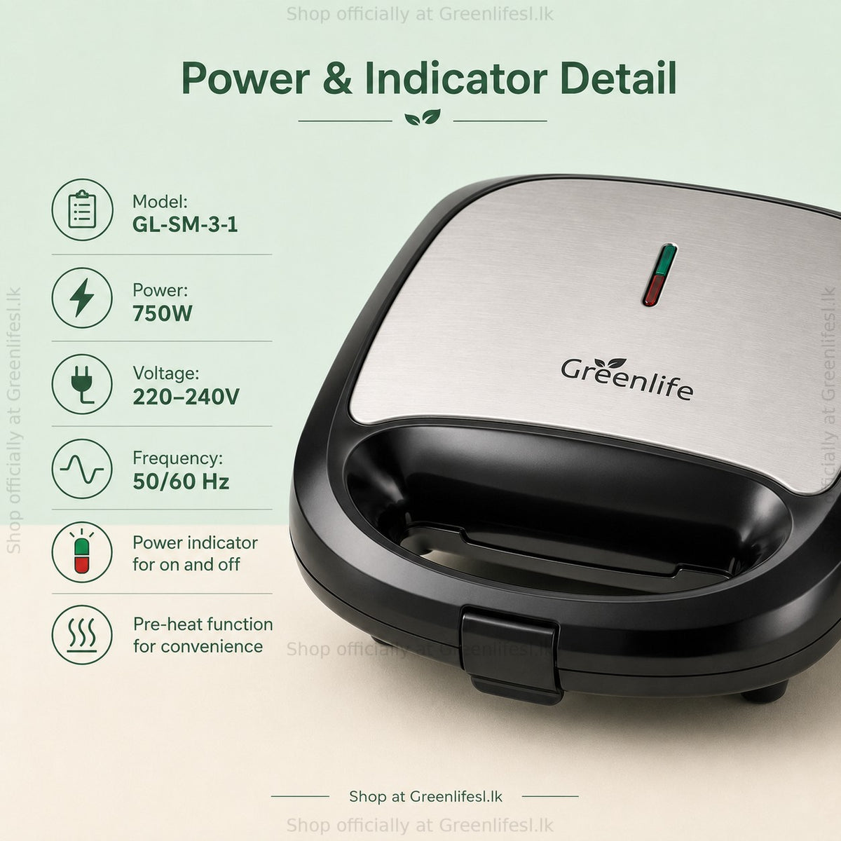Greenlife 3-in-1 sandwich, waffle and grill maker 750W specs: model GL-SM-3-1, 220-240V, 50/60 Hz, power indicator