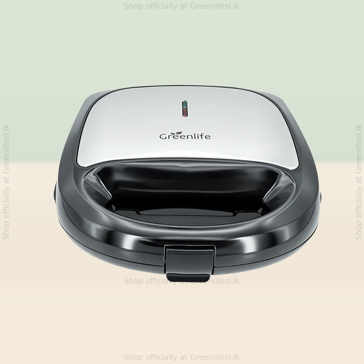 Greenlife 3-in-1 sandwich, waffle and grill maker 750W from above, showing the steel lid and lock clip