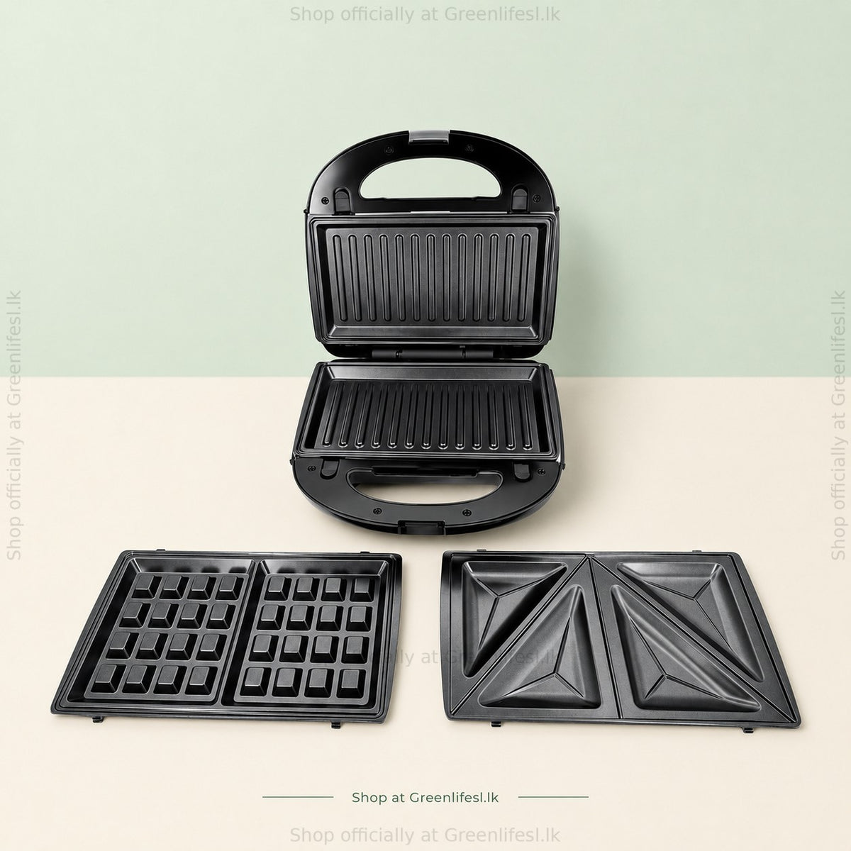 Greenlife 3-in-1 sandwich, waffle and grill maker 750W open with grill plates, plus waffle and sandwich plate sets