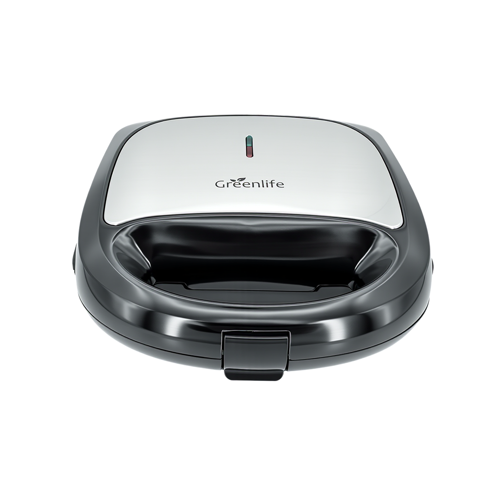 750W Greenlife 3-in-1 sandwich maker with a premium stainless steel top panel and cool-touch handle.
