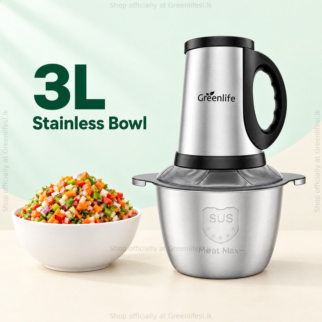 Greenlife 300W 3L electric food chopper, 3L stainless bowl, beside chopped mixed vegetables