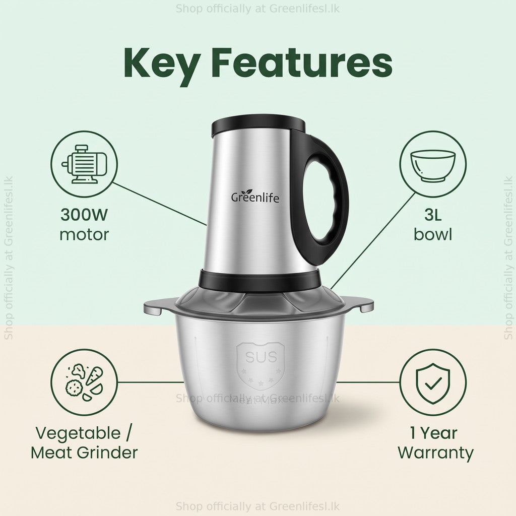 Greenlife 300W 3L electric food chopper key features: 300W motor, 3L bowl, vegetable and meat grinder, 1 year warranty