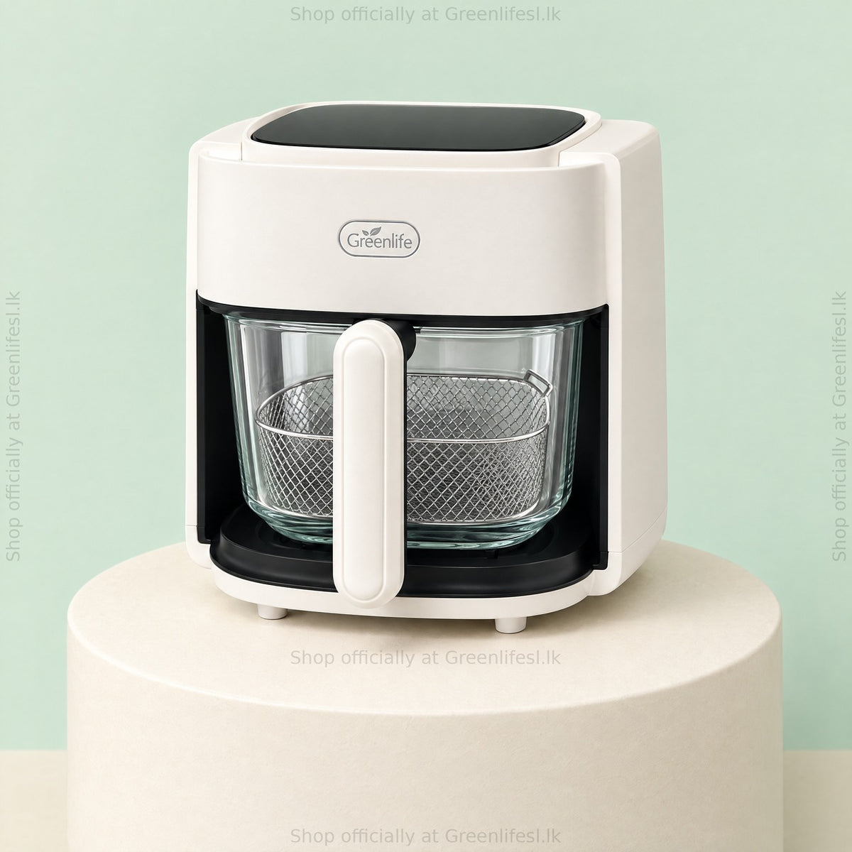 Greenlife 4.5L glass air fryer in cream white with a square glass bowl, steel mesh basket and white front handle