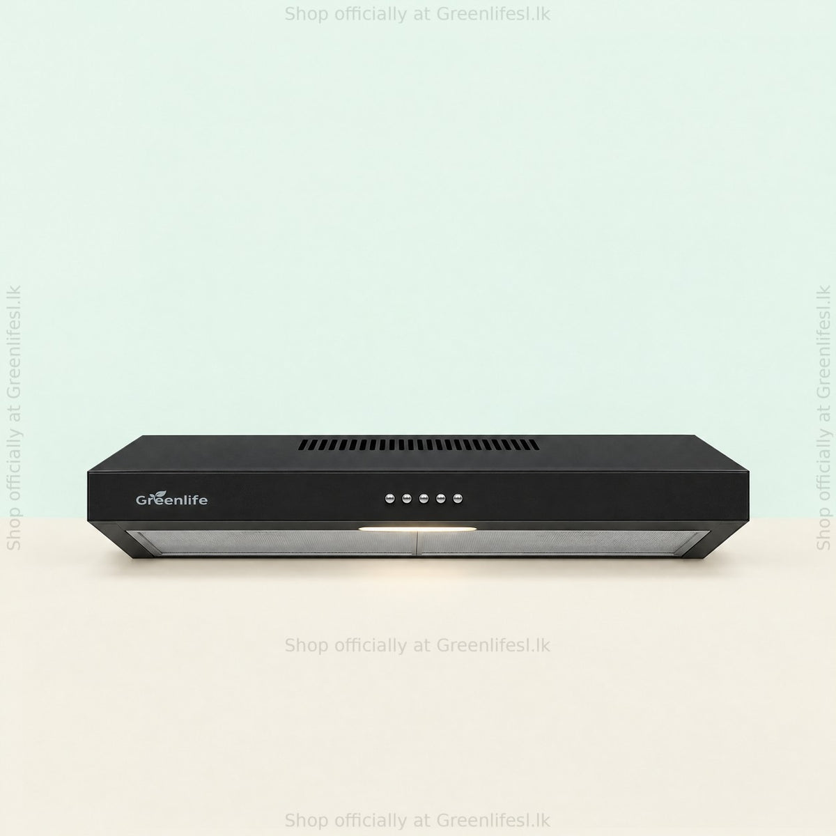 Greenlife 60cm cooker hood from the front with the light on