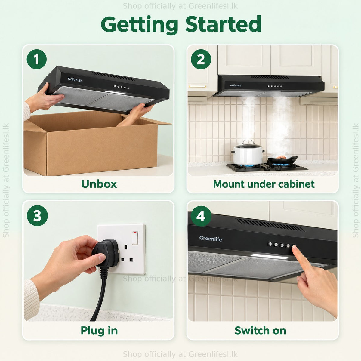 Greenlife 60cm cooker hood getting started: unbox, mount under cabinet, plug in, switch on