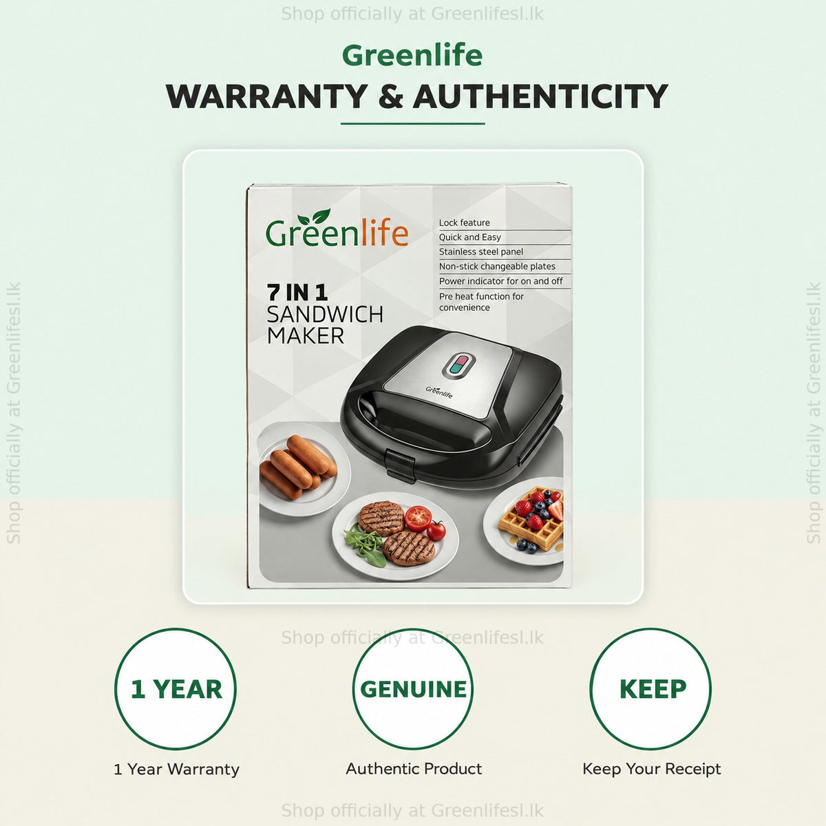 Greenlife 7-in-1 sandwich, waffle and donut maker retail box with 1 year warranty, authentic product, keep your receipt
