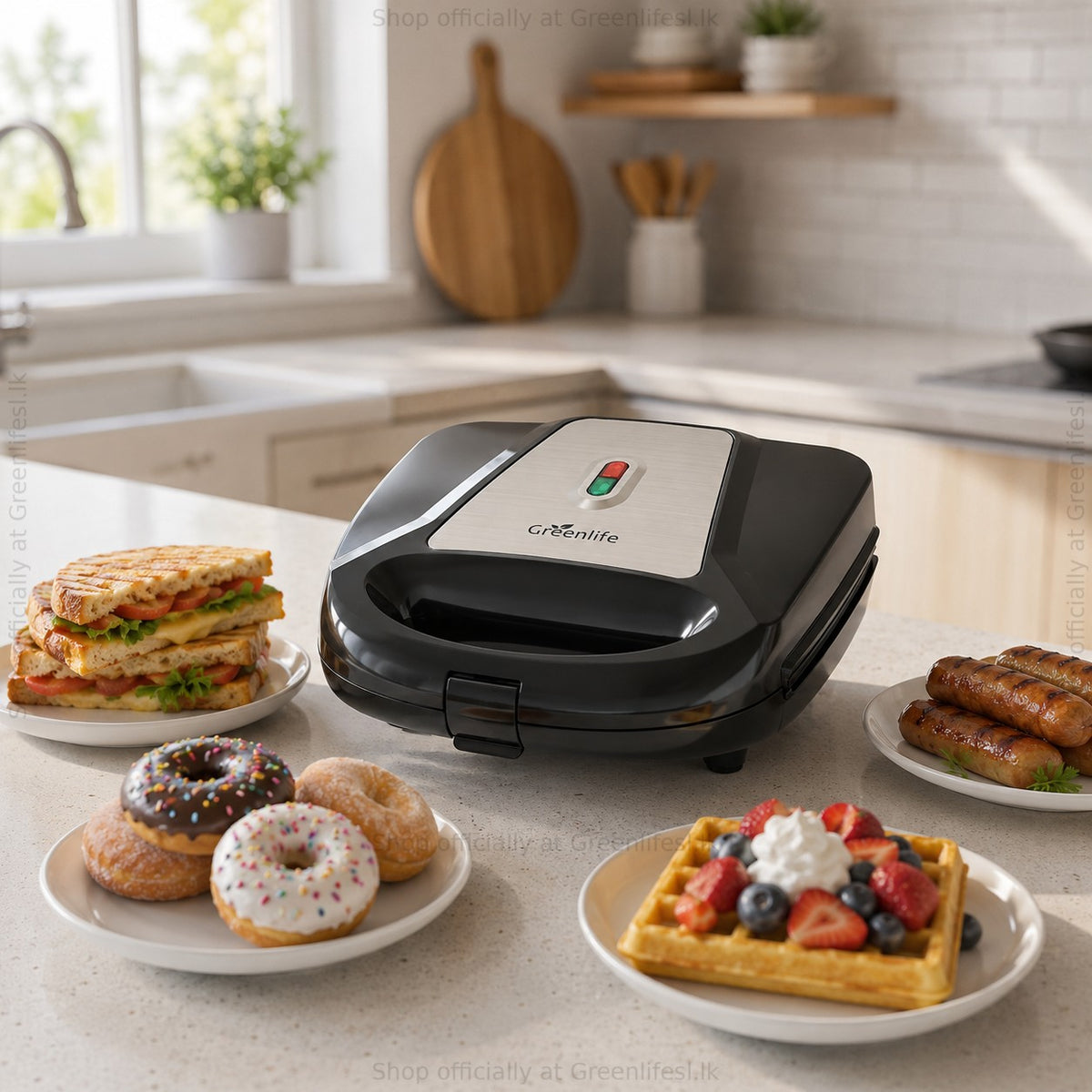 Greenlife 7-in-1 sandwich, waffle and donut maker on a kitchen counter with sandwiches, donuts and waffles