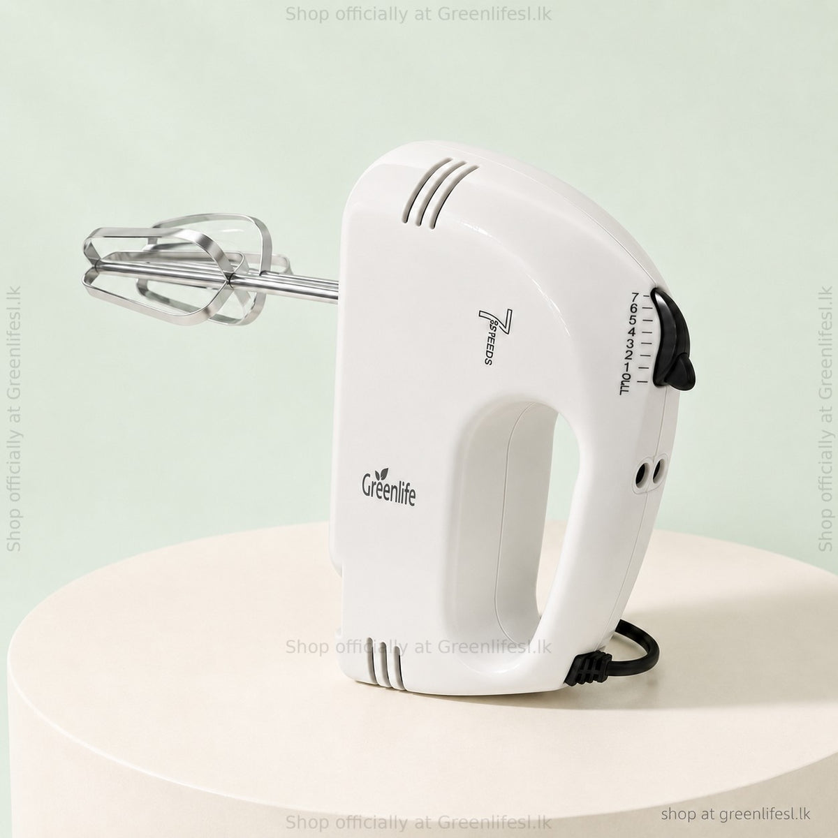 Greenlife 7-speed electric hand mixer 180W standing upright, side view with speed dial