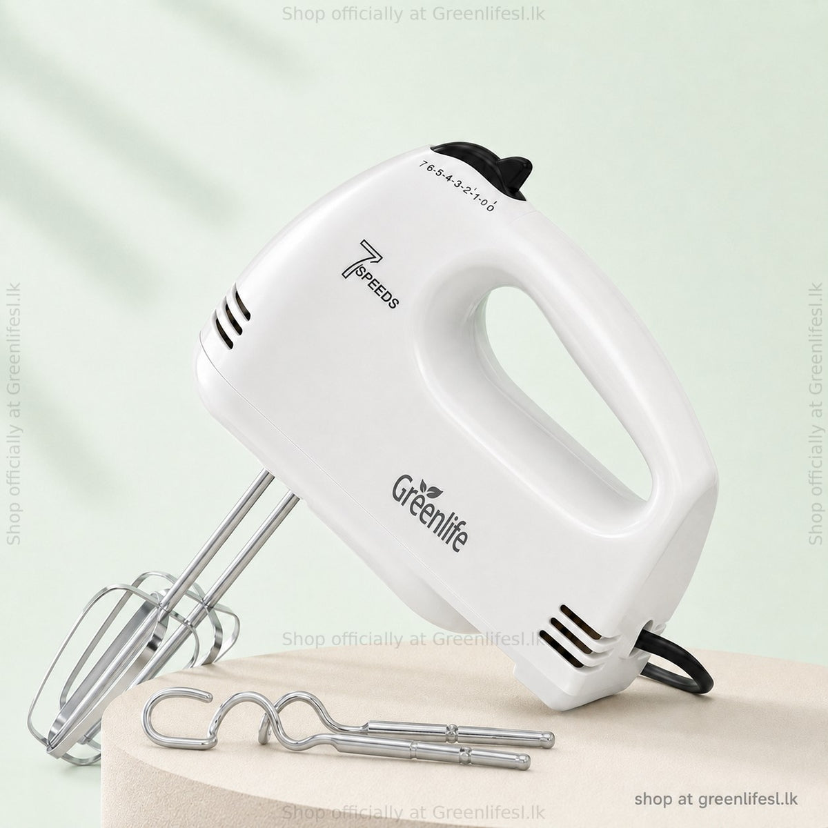 Greenlife 7-speed electric hand mixer 180W with beaters fitted and dough hooks beside it