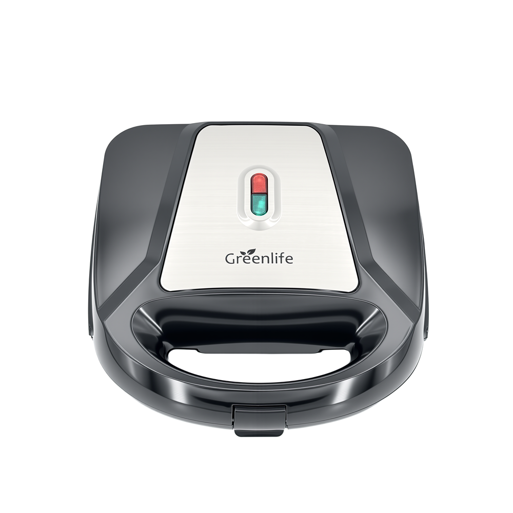Top view of Greenlife 7-in-1 breakfast maker with stainless steel panel and dual lights.