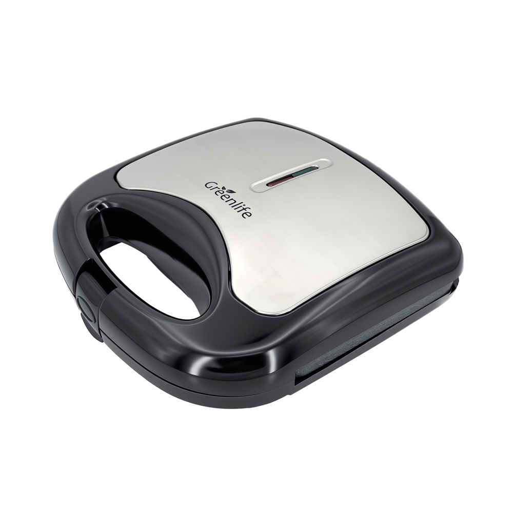 Top view of the Greenlife sandwich maker with premium silver panel and dual indicator lights.