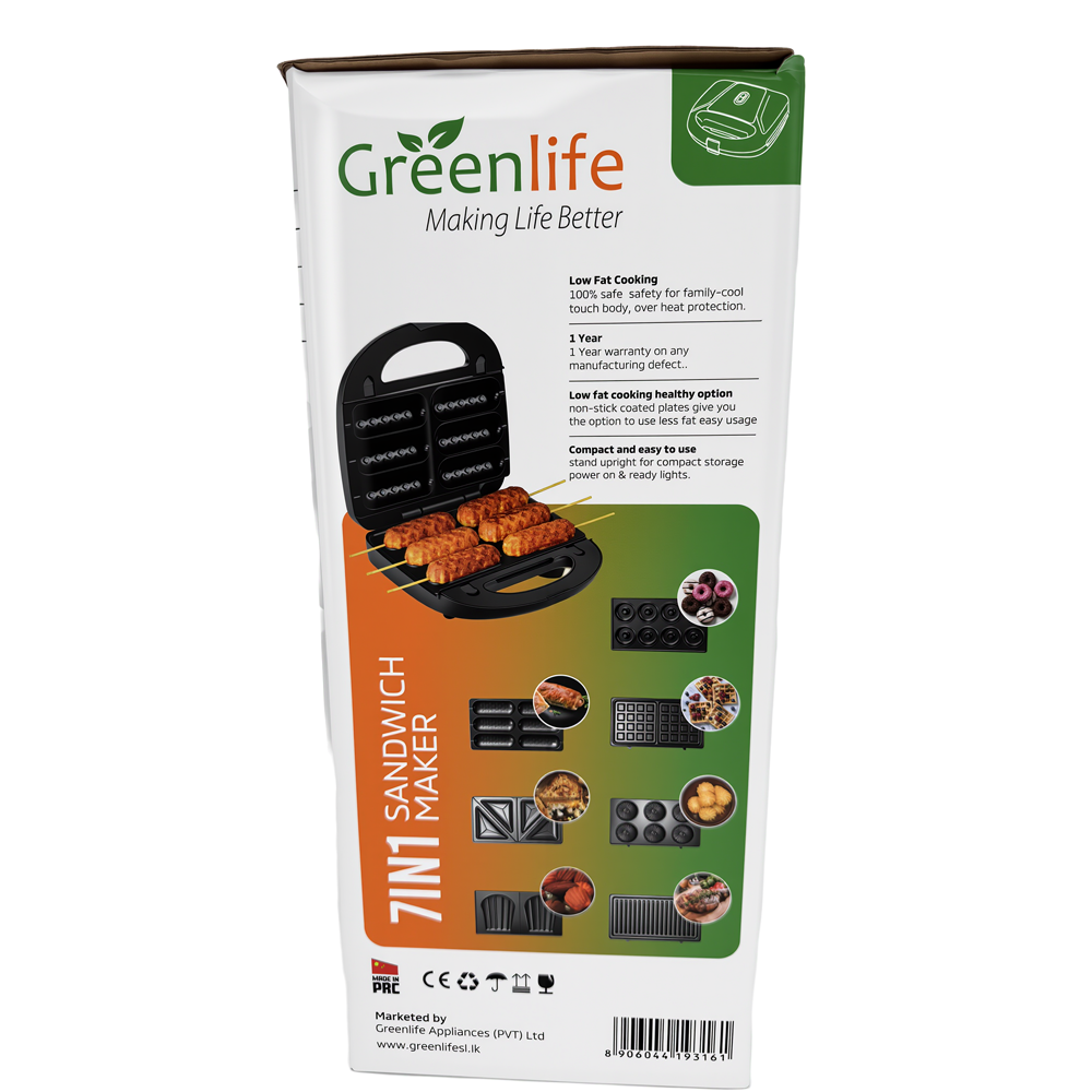 Back of Greenlife 7-in-1 box showing all plate options and 1-year warranty info.