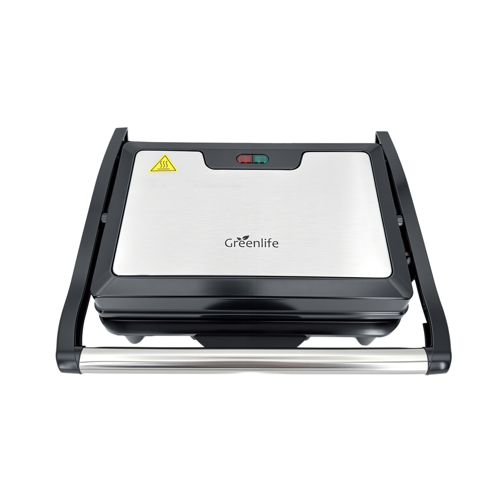 Top view of the Greenlife electric grill maker showing the stainless steel lid and lights.
