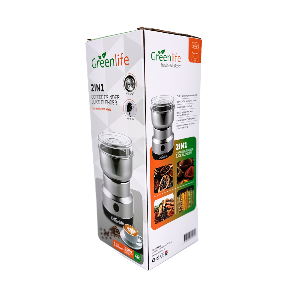 packaging-sl	Greenlife 2-in-1 Coffee Grinder & Juice Blender box packaging with 1-year warranty details.