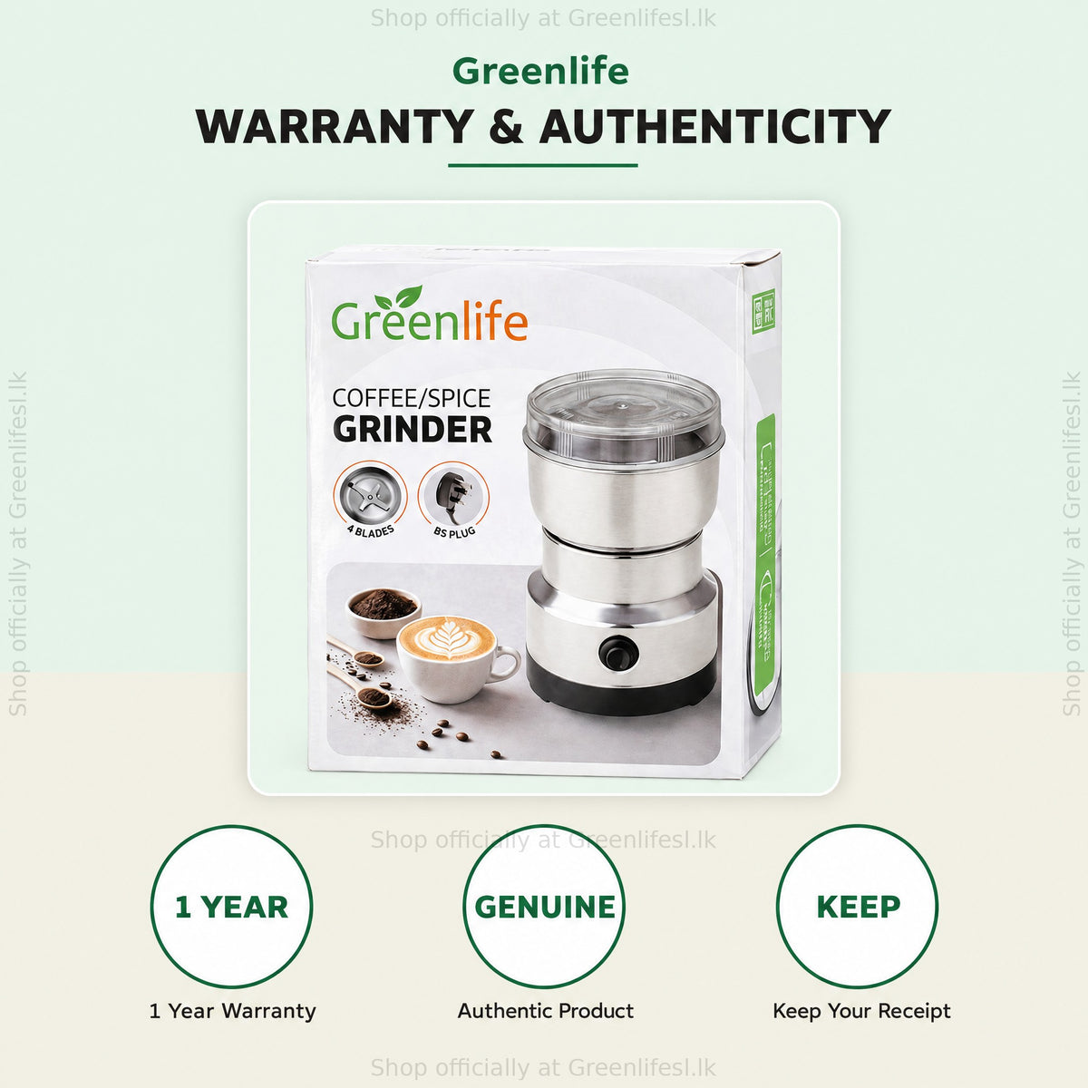 Greenlife electric coffee and spice grinder 300W retail box, 1 year warranty, authentic product
