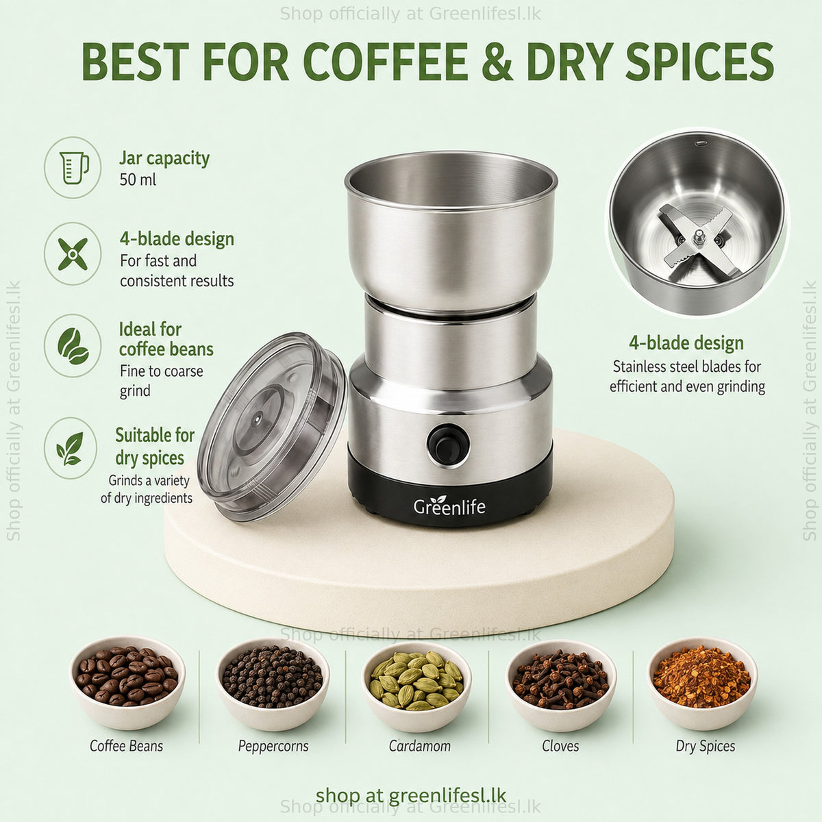 Greenlife electric coffee and spice grinder 300W: 50 ml jar for coffee beans, peppercorns, cardamom and cloves