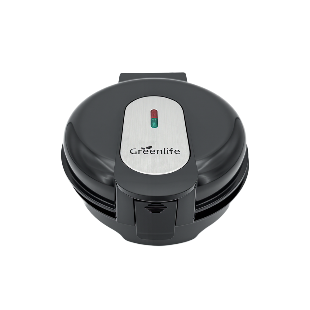Top view of the Greenlife doughnut maker showing the silver accent and indicator lights.