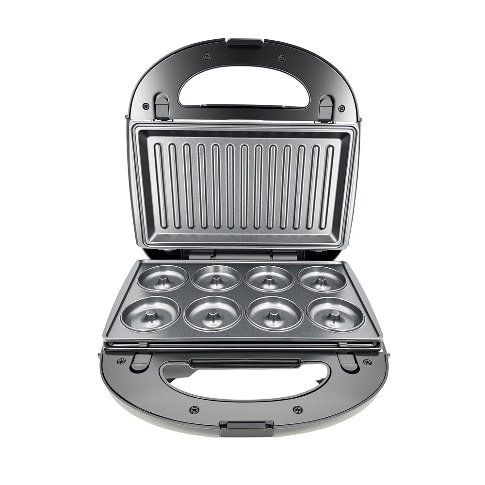 Open view of Greenlife sandwich maker showing the non-stick 8-cavity donut plate.