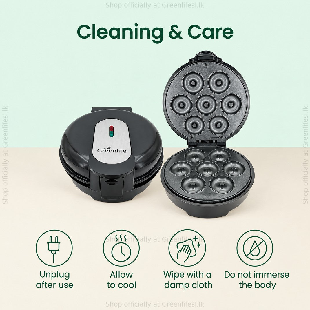 Greenlife electric doughnut maker 750W care: unplug, let it cool, wipe with a damp cloth, do not immerse