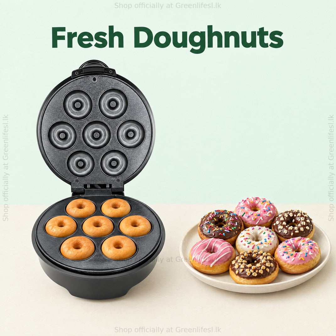 Greenlife electric doughnut maker 750W with freshly cooked doughnuts and a plate of iced doughnuts