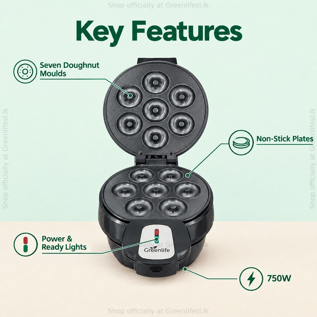 Greenlife electric doughnut maker 750W features: seven doughnut moulds, non-stick plates, power and ready lights