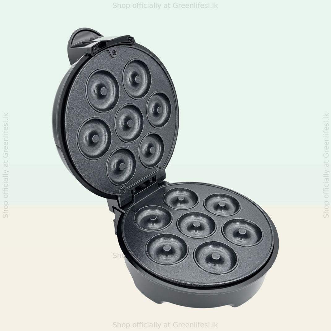 Greenlife electric doughnut maker 750W open, showing the non-stick doughnut moulds