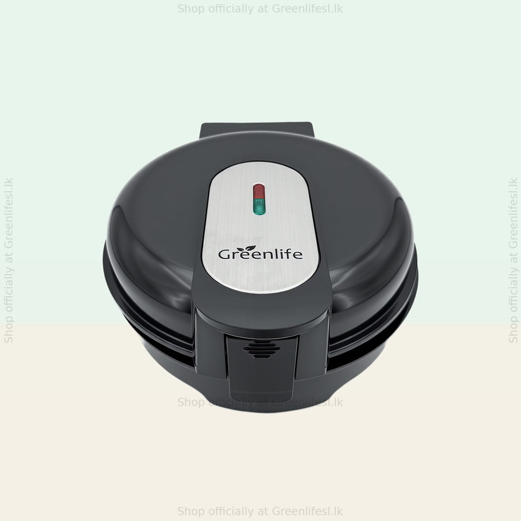 Greenlife electric doughnut maker 750W, closed, with steel lid panel and indicator lights