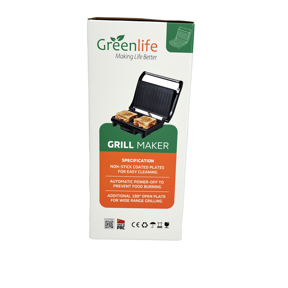 Side of Greenlife Grill Maker box showing specifications and 180-degree open feature.
