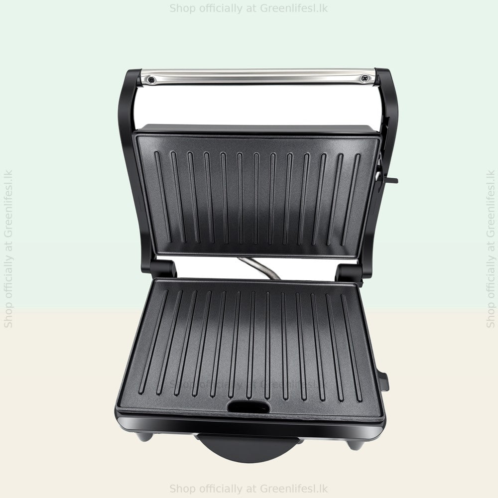 Greenlife 800W grill maker and sandwich griller open from the front with steel handle bar