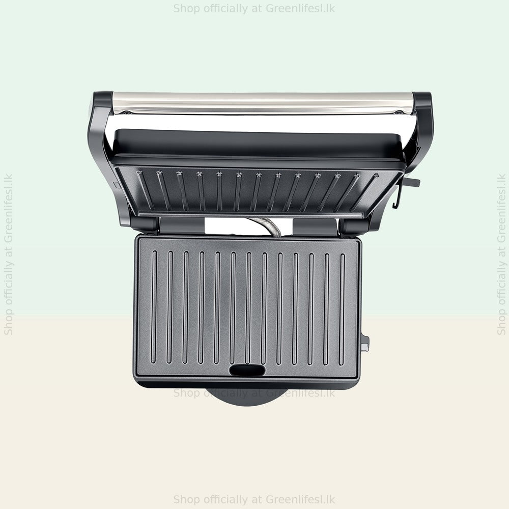 Greenlife 800W grill maker and sandwich griller, open, showing ribbed non-stick grill plates