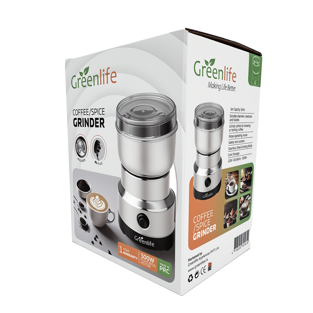 Side view of Greenlife Coffee/Spice Grinder packaging with BS plug and blade specifications.