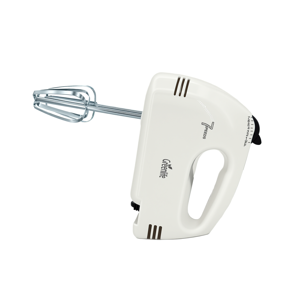 Side view of the white Greenlife 7-speed electric hand mixer with beater attachments.
