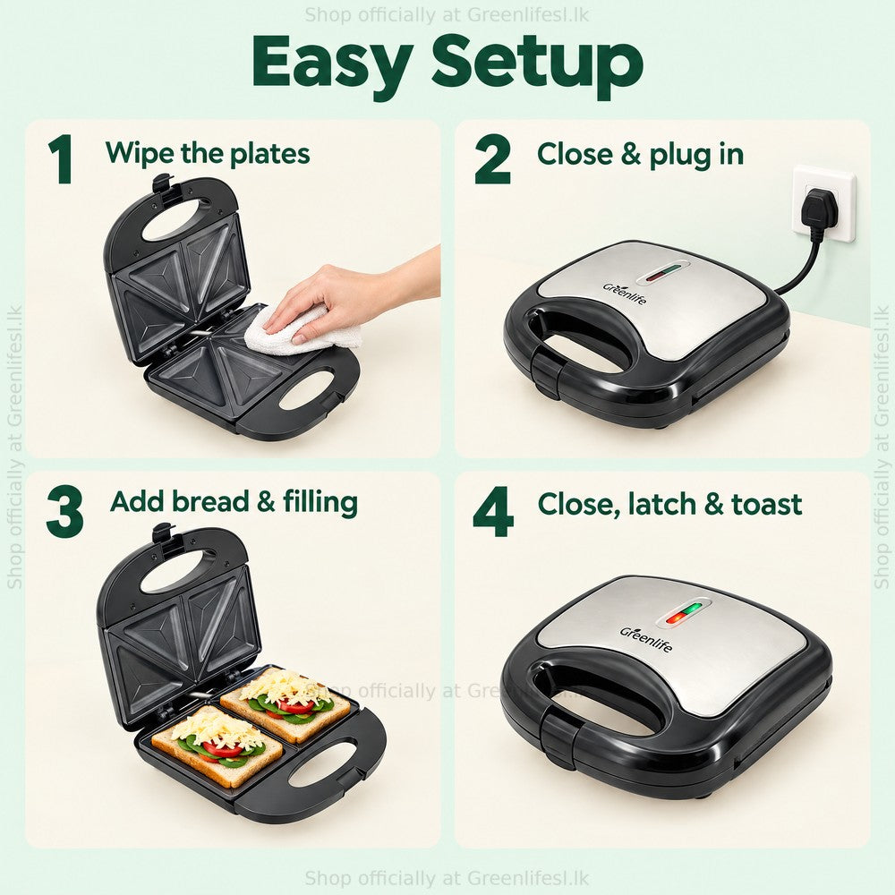 Greenlife 750W non-stick sandwich maker setup: wipe plates, plug in, add bread and filling, close and toast