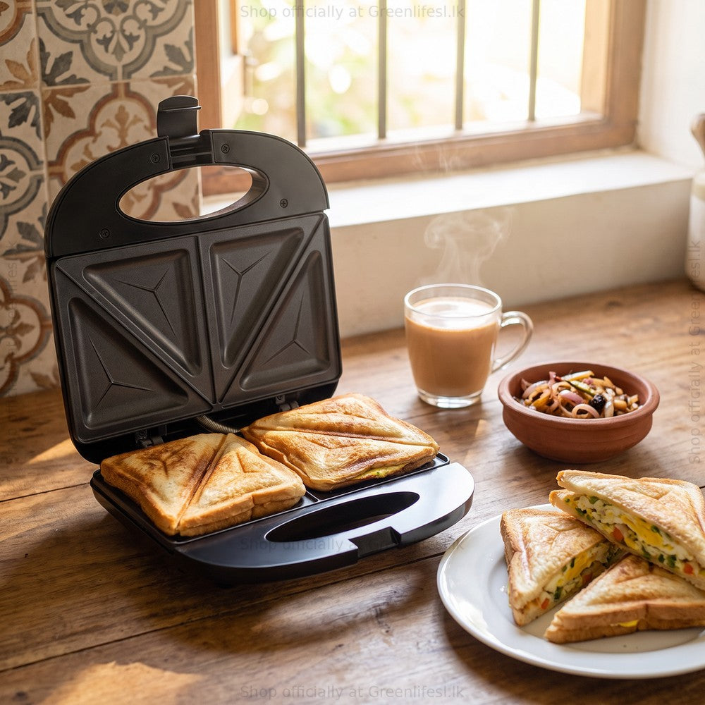 Greenlife 750W non-stick sandwich maker with toasted sandwiches and tea on a kitchen table
