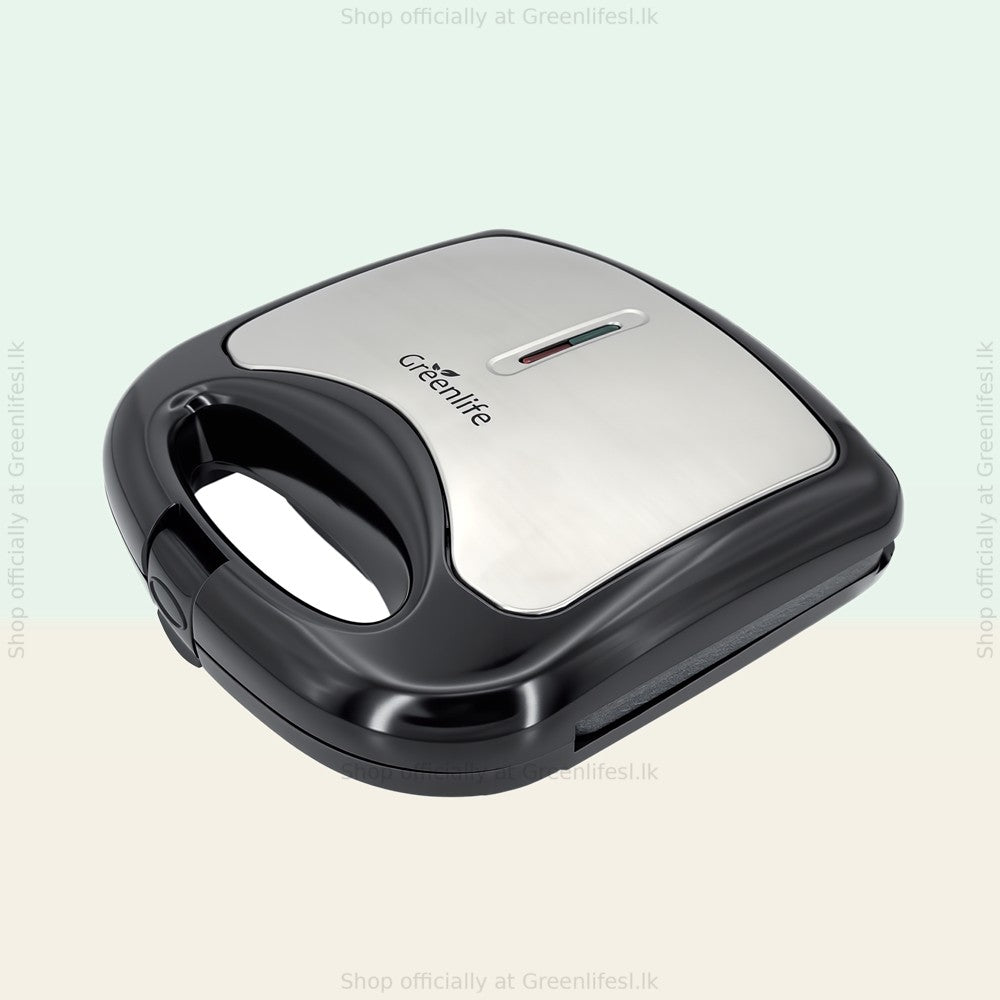 Greenlife 750W non-stick sandwich maker, closed, black body with brushed steel lid