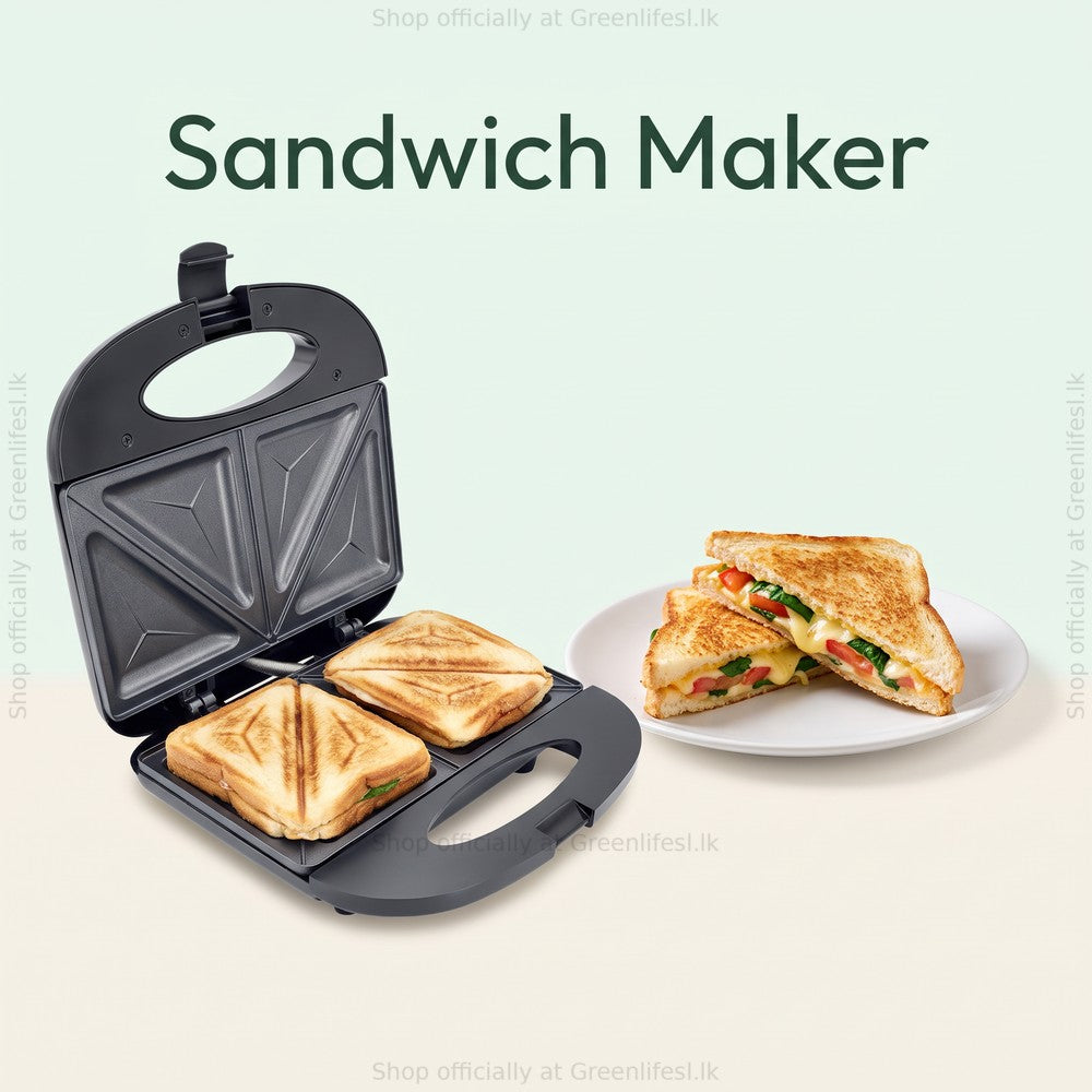 Greenlife 750W non-stick sandwich maker with golden toasted sandwiches ready to serve