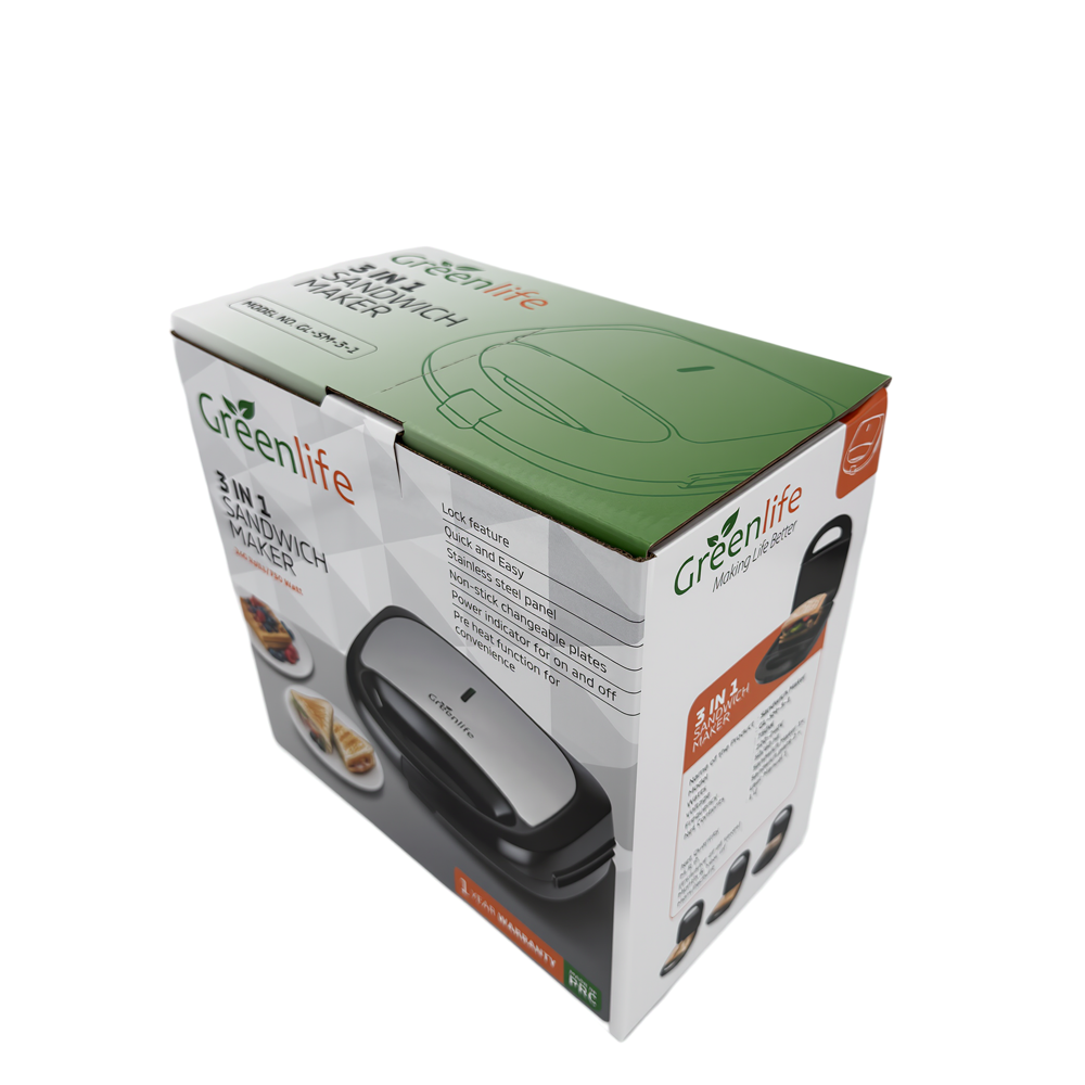 Retail packaging of Greenlife 3-in-1 Sandwich Maker with 1-year warranty and PRC quality details.
