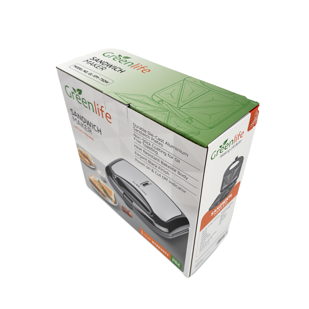 Retail packaging of Greenlife Sandwich Maker GL-SM-750W with 1-year warranty details.
